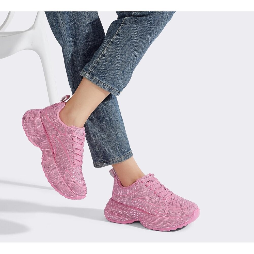 Women's Rhinestone Pink Chunky Sparkly Casual Shiny Sneakers Shoes Footwear - Picture 2 of 9